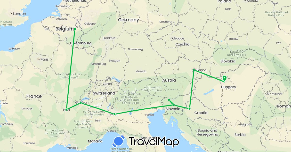 TravelMap itinerary: bus in Austria, Belgium, Switzerland, France, Croatia, Hungary, Italy, Slovenia (Europe)
